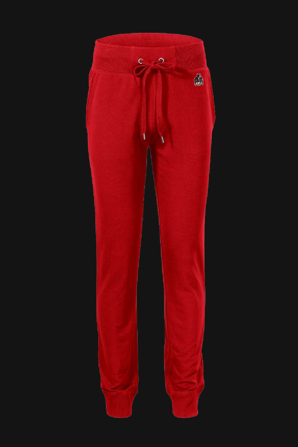 “AXLE Joggers roșii, pantaloni sport unisex cu talie elastică și șnur, stil streetwear.”