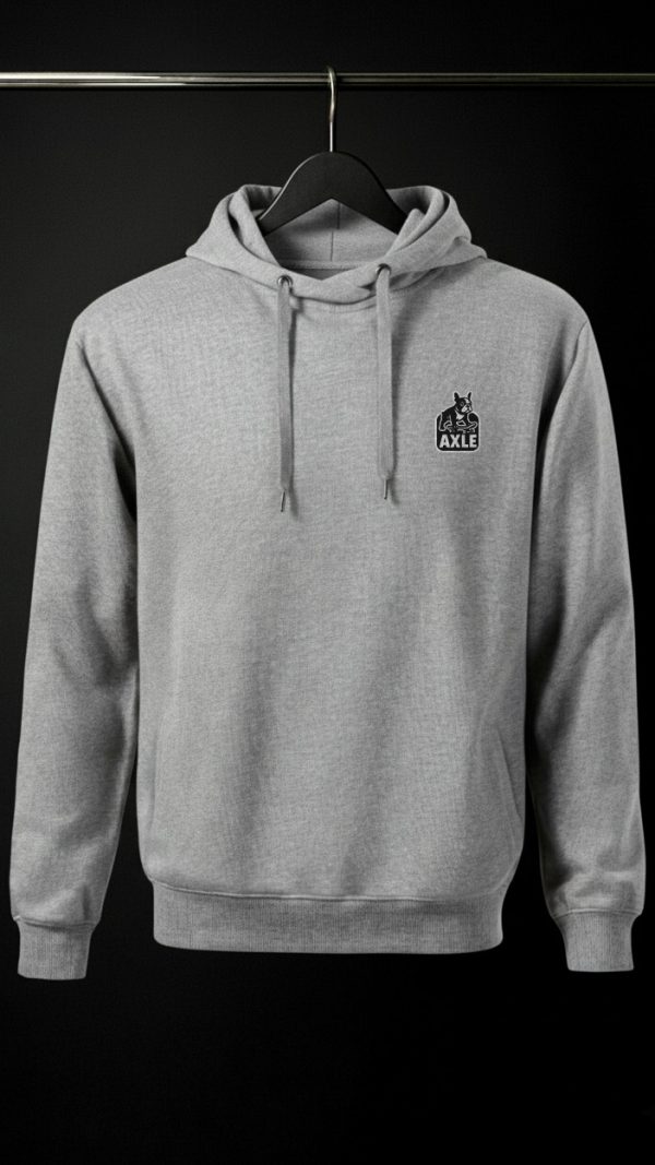 Hanorac gri deschis Useless Hoodie, vedere din fata, cu imprimeu logo axle, pe piept