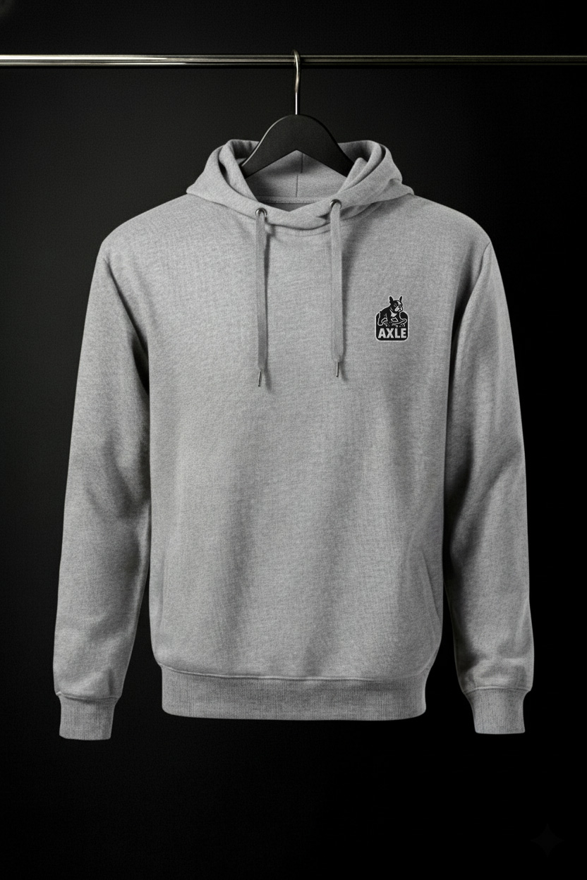 Hanorac gri deschis Useless Hoodie, vedere din fata, cu imprimeu logo axle, pe piept