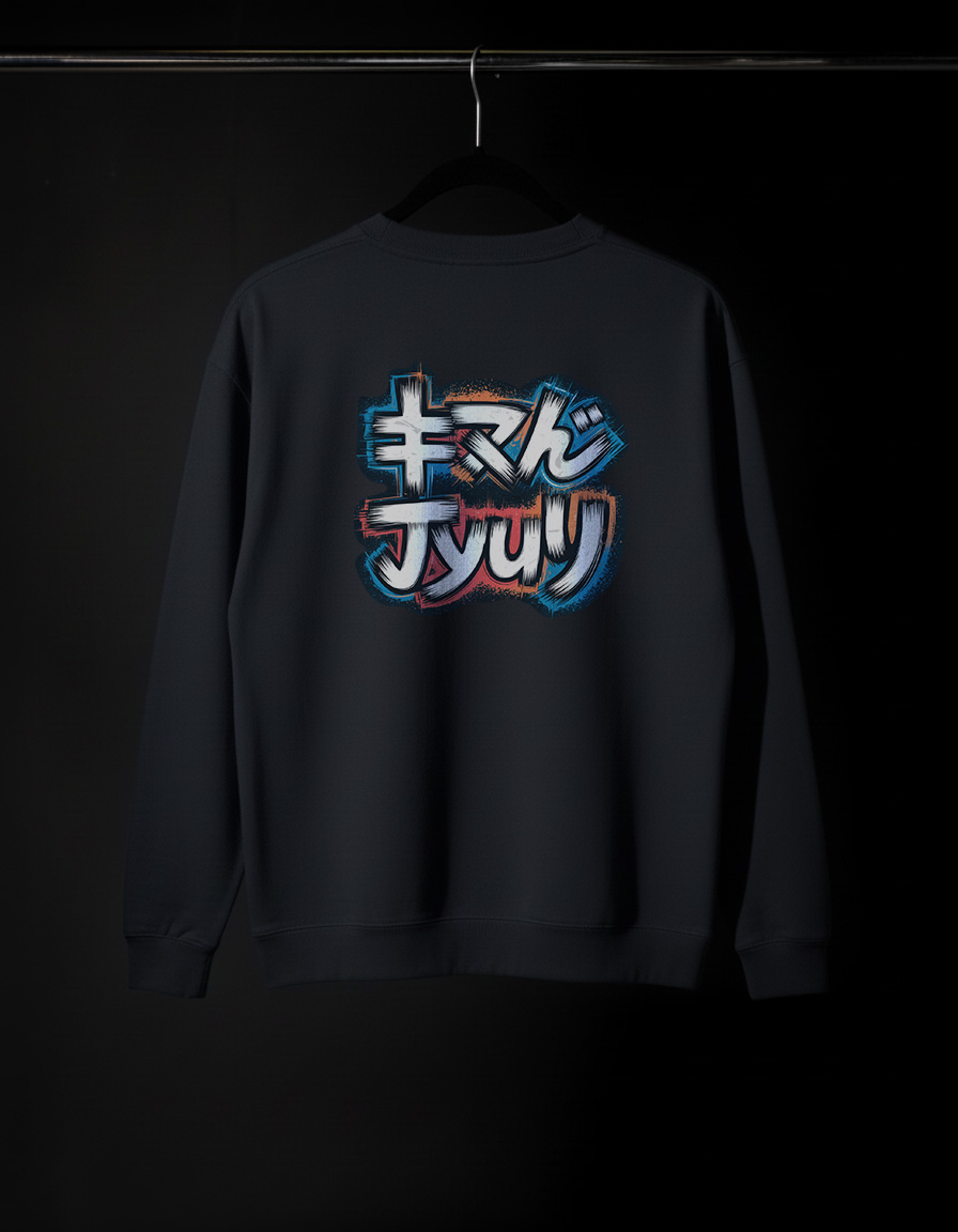 Bluză bleumarin cu grafică japoneză colorată în stil brush-stroke, imprimată pe partea din spate.