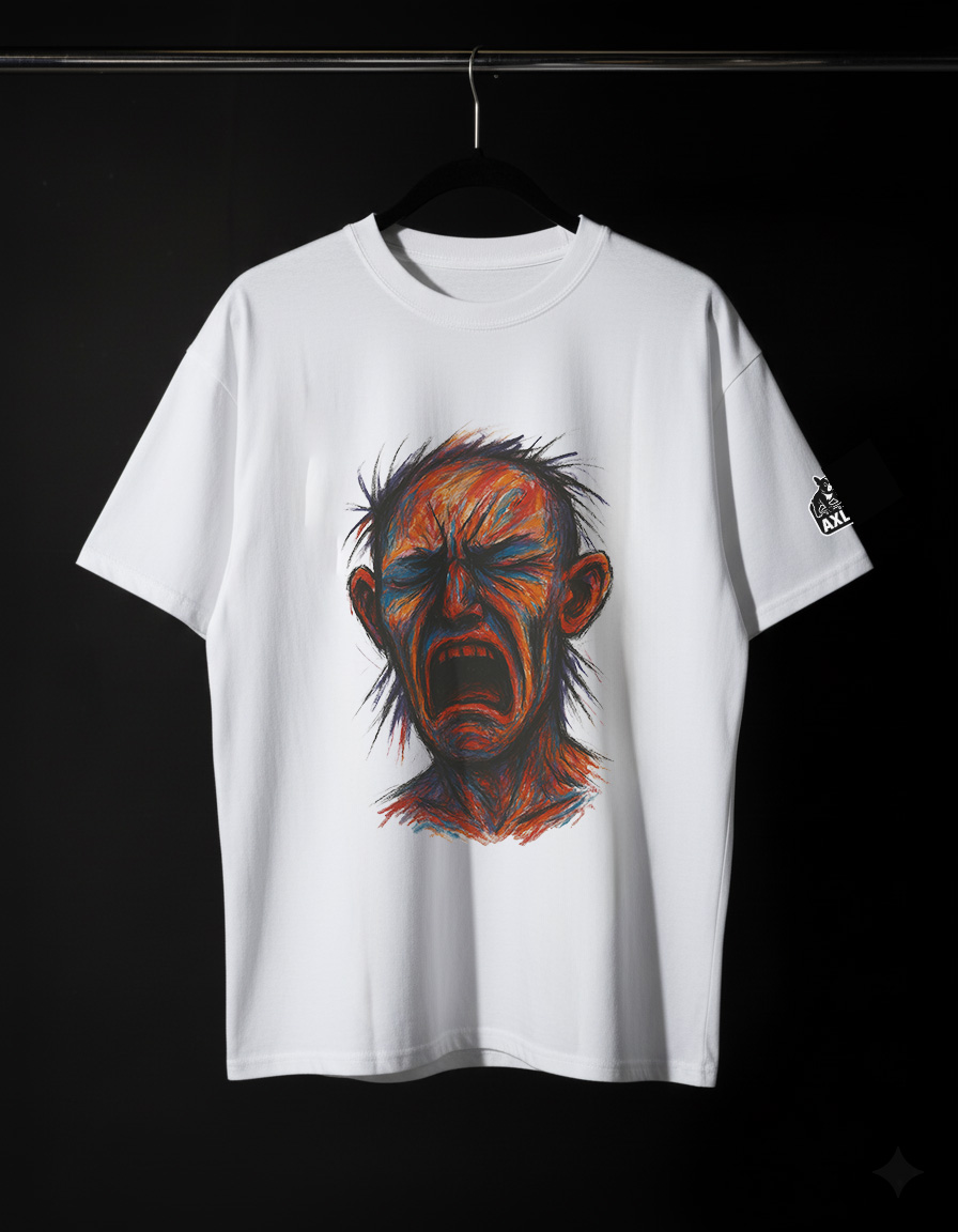 Tricou alb cu un portret abstract al unui bărbat care țipă, realizat în culori intense, fotografiat pe fundal negru.
