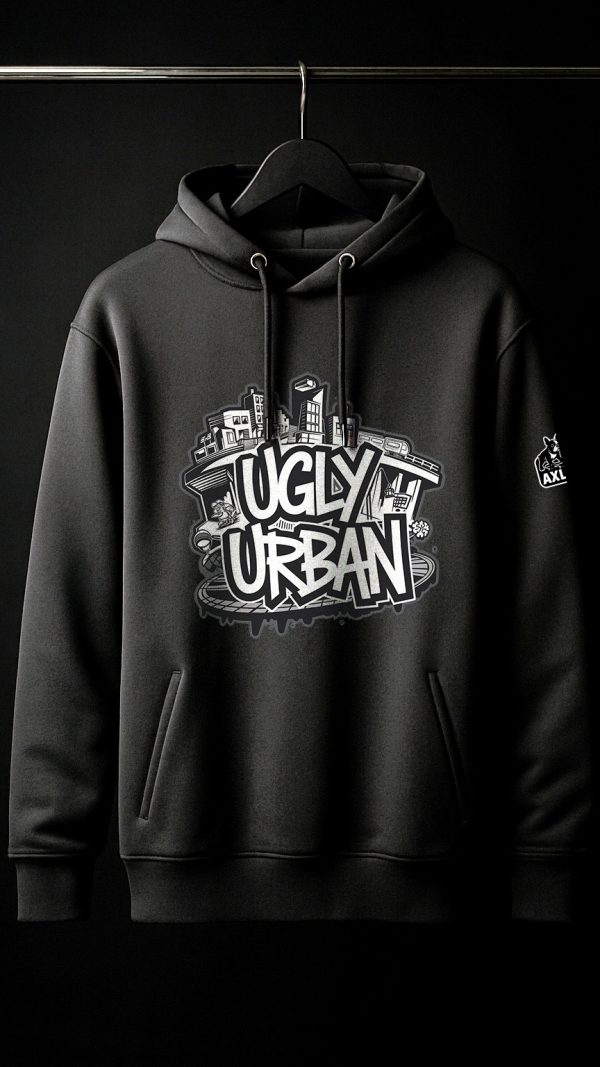 Hanorac negru cu design graffiti “UGLY URBAN”, imprimat în stil urban pe față, fotografiat pe fundal negru.