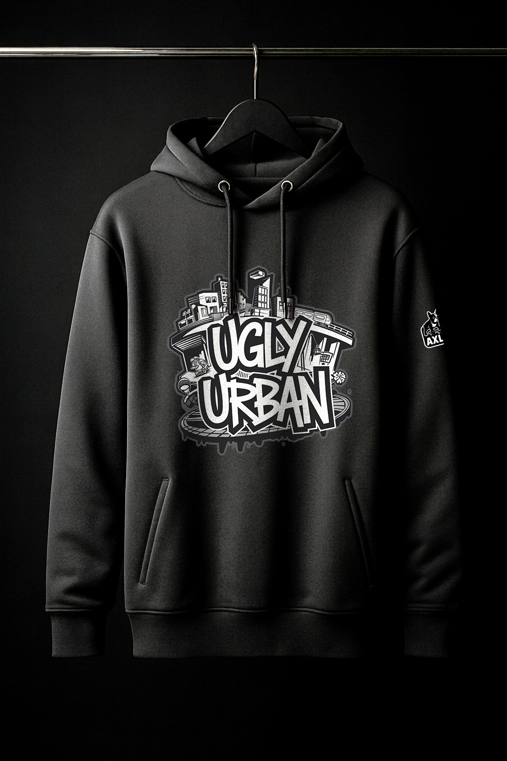 Hanorac negru cu design graffiti “UGLY URBAN”, imprimat în stil urban pe față, fotografiat pe fundal negru.